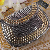 Gold and black synthetic embellished net handmade vintage brass metal clutch for parties, accommodates smartphone and accessories